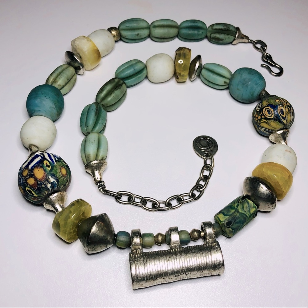 Mozaic - Tribal Necklace Featuring Lamp Work, Ceramic Beads and Natural Stone